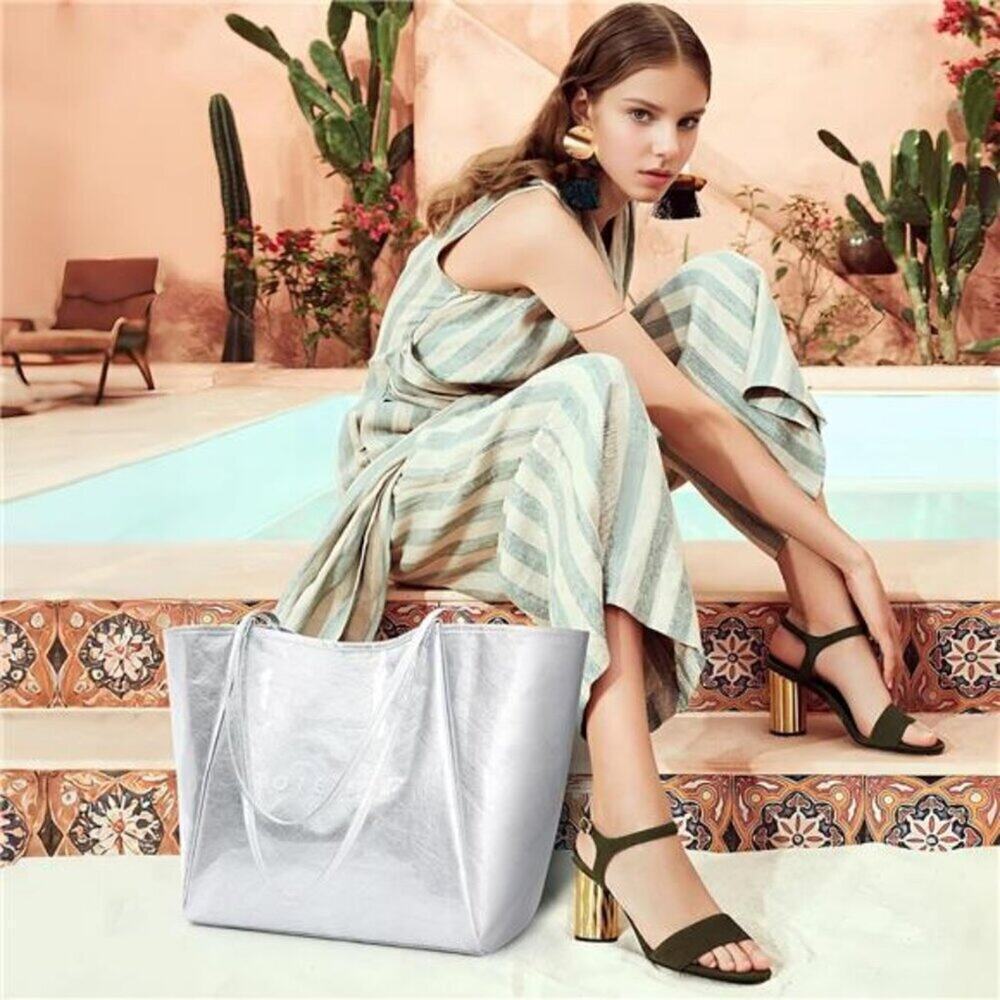 Women’s Large PVC Silver Tote Bag Oversized Shopper Handbag with Shoulder Straps